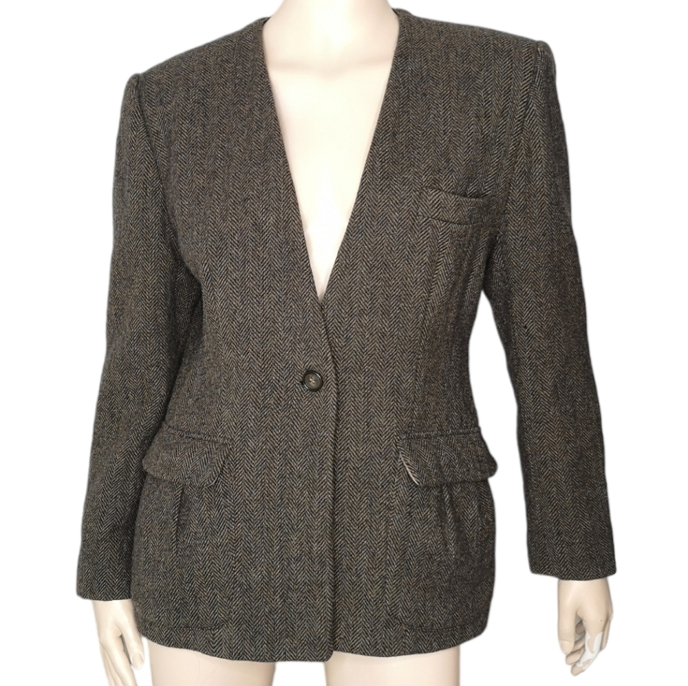 Equestrian Look Blazer Herringbone Pattern Collarless Wool Blend Lined Size 8